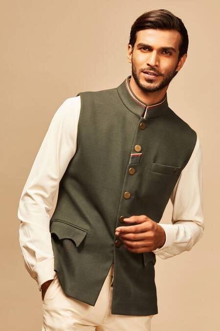 S&N By Shantnu Nikhil_Green Cotton, Poly Blend Button Front Bundi_at_Aza_Fashions