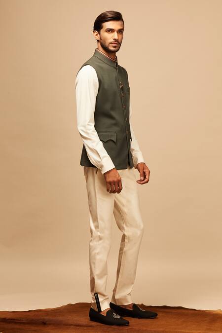 S&N By Shantnu Nikhil_Green Cotton, Poly Blend Button Front Bundi_Online_at_Aza_Fashions