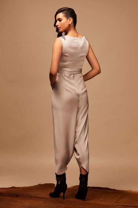 Shop S&N By Shantnu Nikhil Grey Bubble Satin Round Draped Jumpsuit at Aza Fashions Shop_S&N By Shantnu Nikhil_Grey Bubble Satin Round Draped Jumpsuit_at_Aza_Fashions