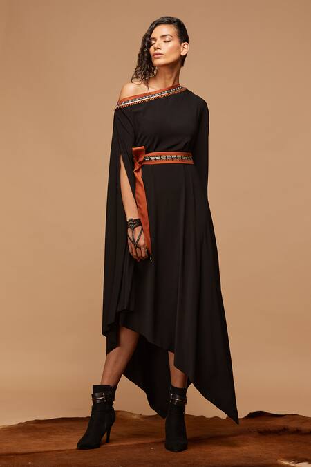 S&N by Shantnu Nikhil Black Polyester Blend Off Shoulder Dress