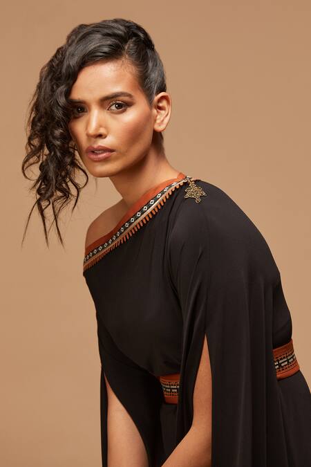 S&N By Shantnu Nikhil_Black Off Shoulder Dress_at_Aza_Fashions