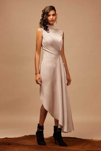 S&N By Shantnu Nikhil_Grey Draped Satin Dress_Online_at_Aza_Fashions