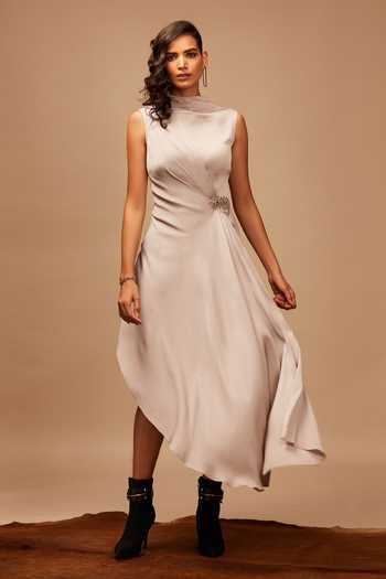 Buy_S&N By Shantnu Nikhil_Grey Draped Satin Dress_Online_at_Aza_Fashions