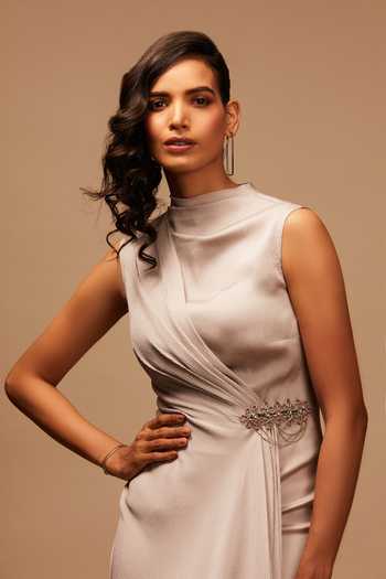 Shop_S&N By Shantnu Nikhil_Grey Draped Satin Dress_Online_at_Aza_Fashions