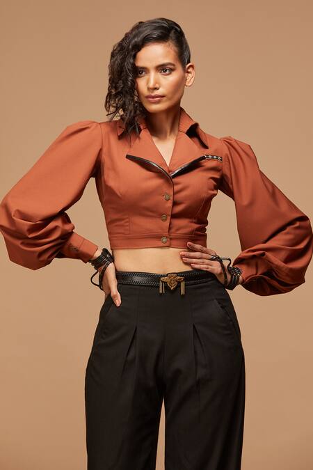 S&N By Shantnu Nikhil Orange Cropped Shirt Online at Aza Fashions S&N By Shantnu Nikhil_Orange Cropped Shirt_Online_at_Aza_Fashions