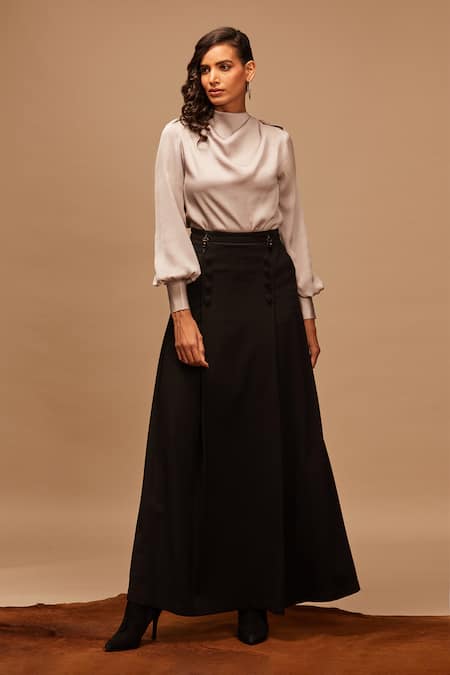 S&N by Shantnu Nikhil Black Polyester Blend Flared Maxi Skirt