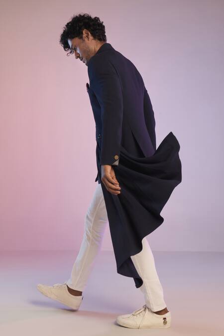 Shop S&N By Shantnu Nikhil Blue Cotton, Poly Blend Draped Bandhgala at Aza Fashions Shop_S&N By Shantnu Nikhil_Blue Cotton, Poly Blend Draped Bandhgala_at_Aza_Fashions