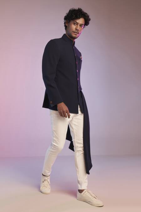 S&N By Shantnu Nikhil Blue Cotton, Poly Blend Draped Bandhgala Online at Aza Fashions S&N By Shantnu Nikhil_Blue Cotton, Poly Blend Draped Bandhgala_Online_at_Aza_Fashions