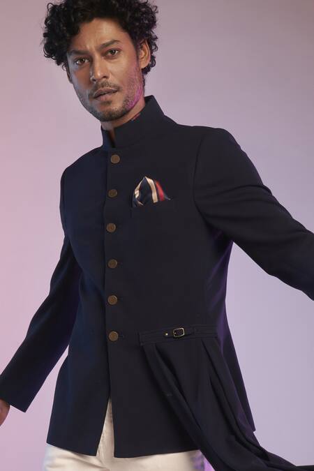 Buy S&N By Shantnu Nikhil Blue Cotton, Poly Blend Draped Bandhgala Online at Aza Fashions Buy_S&N By Shantnu Nikhil_Blue Cotton, Poly Blend Draped Bandhgala_Online_at_Aza_Fashions