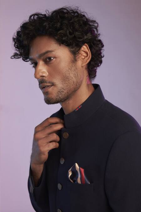 Shop S&N By Shantnu Nikhil Blue Cotton, Poly Blend Draped Bandhgala Online at Aza Fashions Shop_S&N By Shantnu Nikhil_Blue Cotton, Poly Blend Draped Bandhgala_Online_at_Aza_Fashions