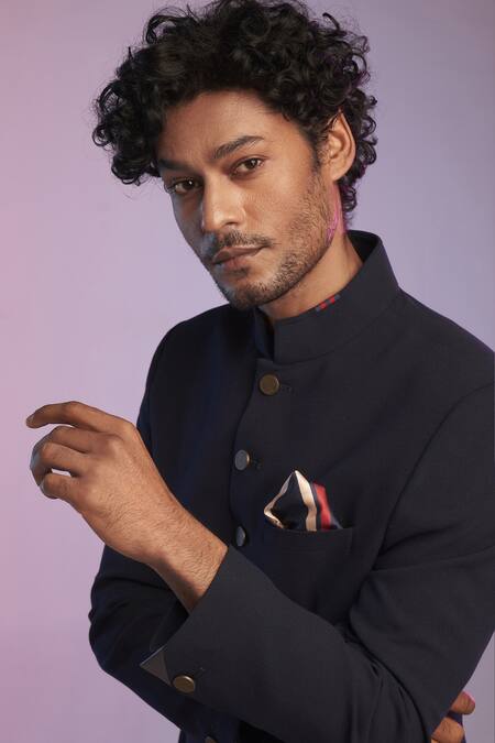 S&N By Shantnu Nikhil Blue Cotton, Poly Blend Draped Bandhgala at Aza Fashions S&N By Shantnu Nikhil_Blue Cotton, Poly Blend Draped Bandhgala_at_Aza_Fashions