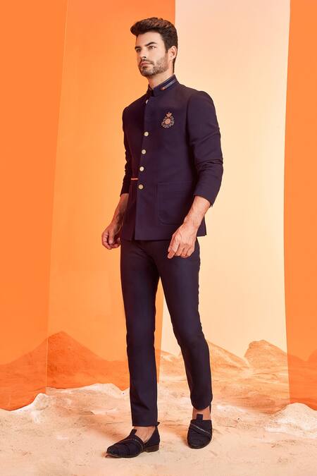 S&N By Shantnu Nikhil_Blue Cotton, Poly Blend Crest Motif Placement Embroidered Bandhgala_Online_at_Aza_Fashions