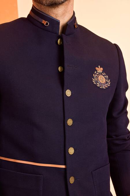 Shop_S&N By Shantnu Nikhil_Blue Cotton, Poly Blend Crest Motif Placement Embroidered Bandhgala_Online_at_Aza_Fashions