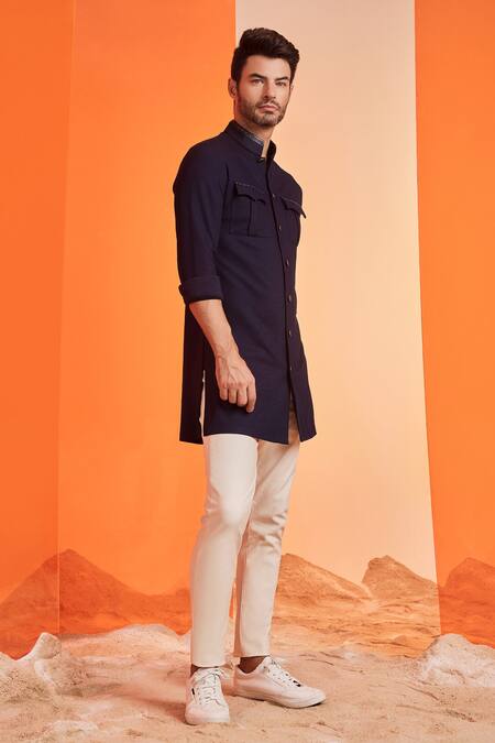 S&N By Shantnu Nikhil_Blue Poly Blend, Faux Leather Nehru Collar Shirt Kurta_Online_at_Aza_Fashions