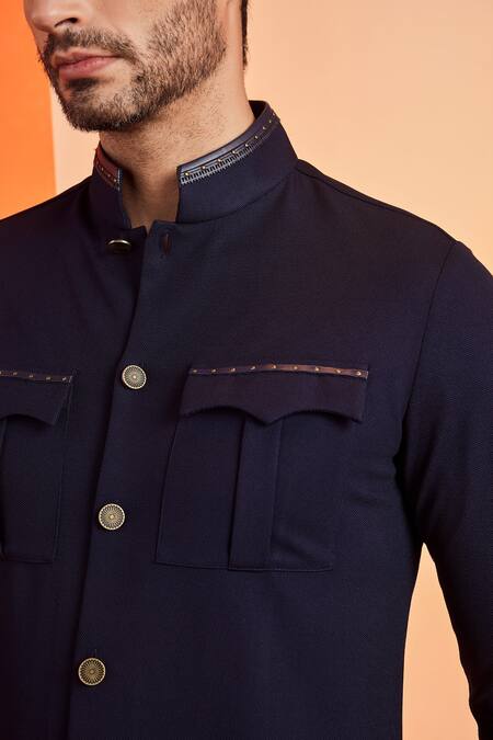 Shop_S&N By Shantnu Nikhil_Blue Poly Blend, Faux Leather Nehru Collar Shirt Kurta_Online_at_Aza_Fashions