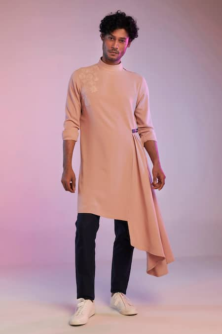 S&N by Shantnu Nikhil Pink Poly Blend Embroidery Thread Draped Kurta 