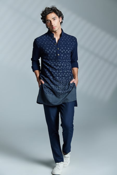 S&N by Shantnu Nikhil Blue Nylon Geometric Short Kurta 