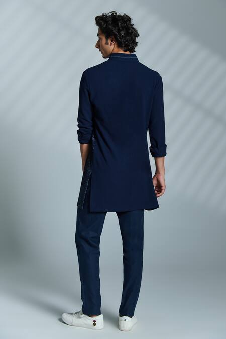 Shop_S&N By Shantnu Nikhil_Blue Lycra And Viscose, Nylon Geometric Print Short Kurta_at_Aza_Fashions