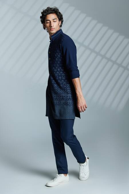 S&N By Shantnu Nikhil_Blue Lycra And Viscose, Nylon Geometric Print Short Kurta_Online_at_Aza_Fashions
