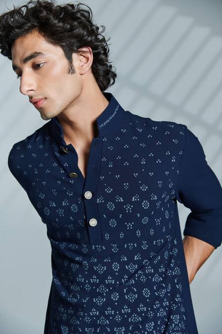 Buy_S&N By Shantnu Nikhil_Blue Lycra And Viscose, Nylon Geometric Print Short Kurta_Online_at_Aza_Fashions