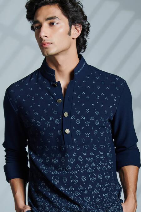 Shop_S&N By Shantnu Nikhil_Blue Lycra And Viscose, Nylon Geometric Print Short Kurta_Online_at_Aza_Fashions