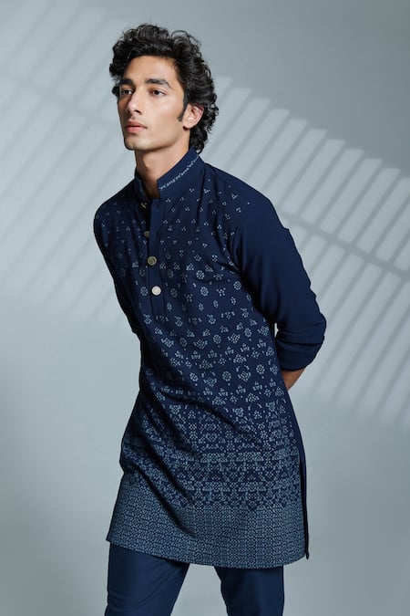 S&N By Shantnu Nikhil_Blue Lycra And Viscose, Nylon Geometric Print Short Kurta_at_Aza_Fashions