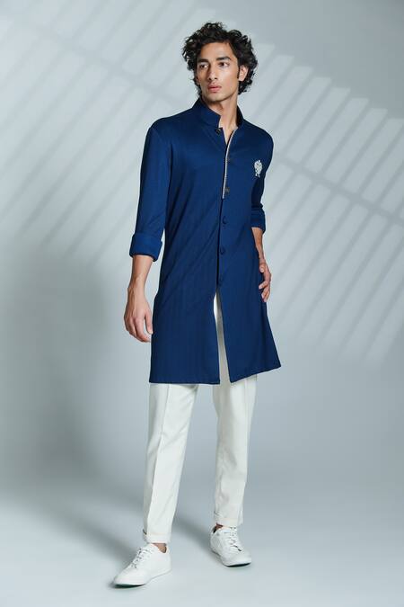 S&N by Shantnu Nikhil Blue Terylene And Faux Leather Button Front Kurta