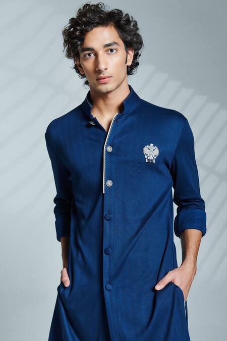 S&N By Shantnu Nikhil_Blue Terylene And Faux Leather Button Front Kurta_Online_at_Aza_Fashions