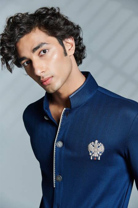 Buy_S&N By Shantnu Nikhil_Blue Terylene And Faux Leather Button Front Kurta_Online_at_Aza_Fashions