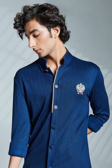 Shop_S&N By Shantnu Nikhil_Blue Terylene And Faux Leather Button Front Kurta_Online_at_Aza_Fashions