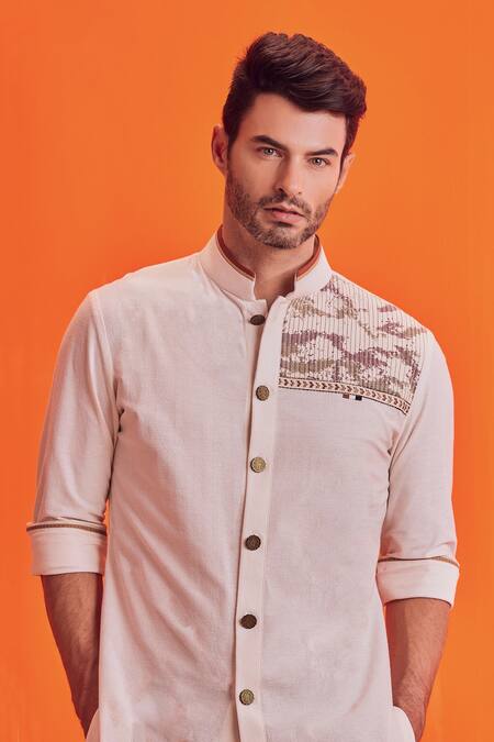 Buy_S&N By Shantnu Nikhil_Off White Cotton, Poly Blend Textured Short Kurta_Online_at_Aza_Fashions
