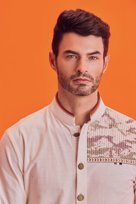 Shop_S&N By Shantnu Nikhil_Off White Cotton, Poly Blend Textured Short Kurta_Online_at_Aza_Fashions