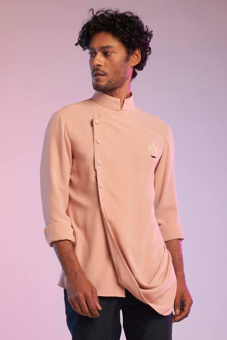 S&N By Shantnu Nikhil_Pink Poly Blend Thread Cowl Drape Short Kurta_Online_at_Aza_Fashions