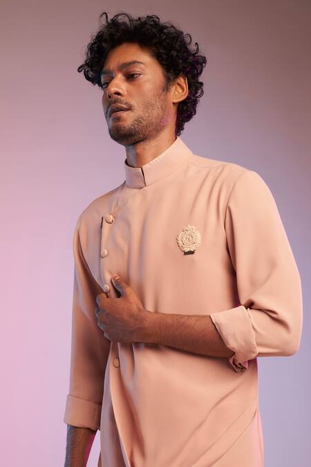 Shop_S&N By Shantnu Nikhil_Pink Poly Blend Thread Cowl Drape Short Kurta_Online_at_Aza_Fashions