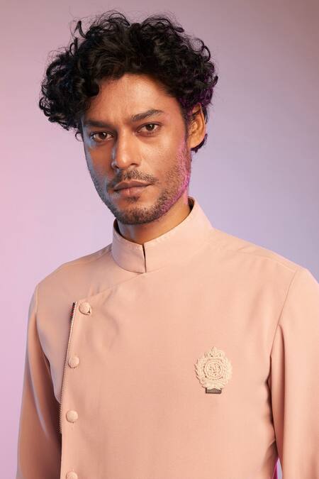 S&N By Shantnu Nikhil_Pink Poly Blend Thread Cowl Drape Short Kurta_at_Aza_Fashions