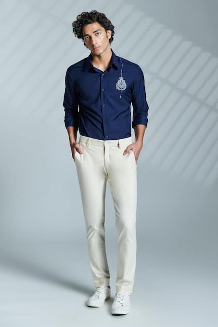 S&N by Shantnu Nikhil Blue Terylene Embroidery Thread Slim Fit Shirt