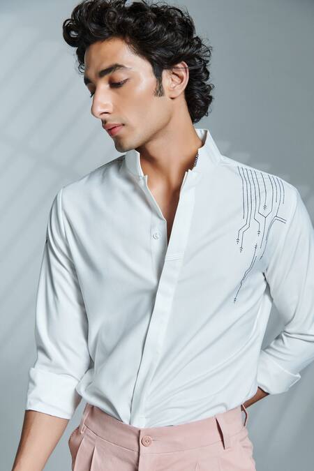 Buy_S&N By Shantnu Nikhil_White Suiting Fabric Thread Slim Fit Shirt_Online_at_Aza_Fashions