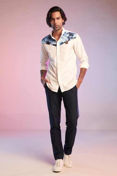 S&N by Shantnu Nikhil White Suiting Fabric Camo Panelled Shirt 