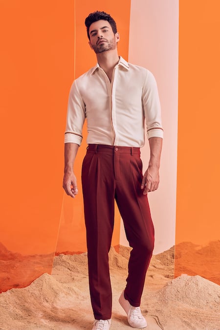 S&N By Shantnu Nikhil Off White Spandex, Poly Jersey, Terylene Slim Fit Shirt