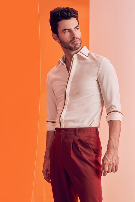 S&N By Shantnu Nikhil Off White Spandex, Poly Jersey, Terylene Slim Fit Shirt Online at Aza Fashions S&N By Shantnu Nikhil_Off White Spandex, Poly Jersey, Terylene Slim Fit Shirt_Online_at_Aza_Fashions