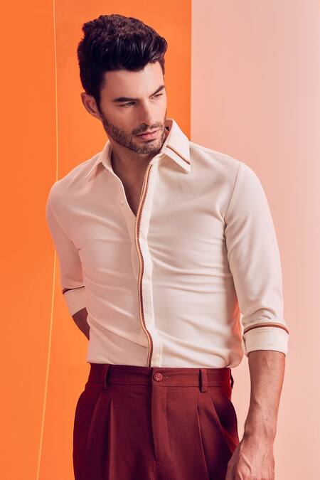 Buy S&N By Shantnu Nikhil Off White Spandex, Poly Jersey, Terylene Slim Fit Shirt Online at Aza Fashions Buy_S&N By Shantnu Nikhil_Off White Spandex, Poly Jersey, Terylene Slim Fit Shirt_Online_at_Aza_Fashions