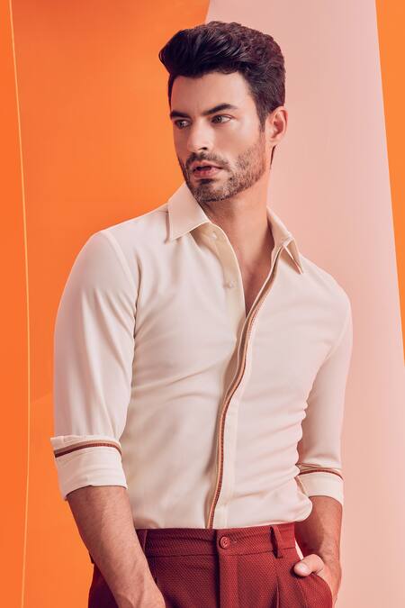 Shop S&N By Shantnu Nikhil Off White Spandex, Poly Jersey, Terylene Slim Fit Shirt Online at Aza Fashions Shop_S&N By Shantnu Nikhil_Off White Spandex, Poly Jersey, Terylene Slim Fit Shirt_Online_at_Aza_Fashions