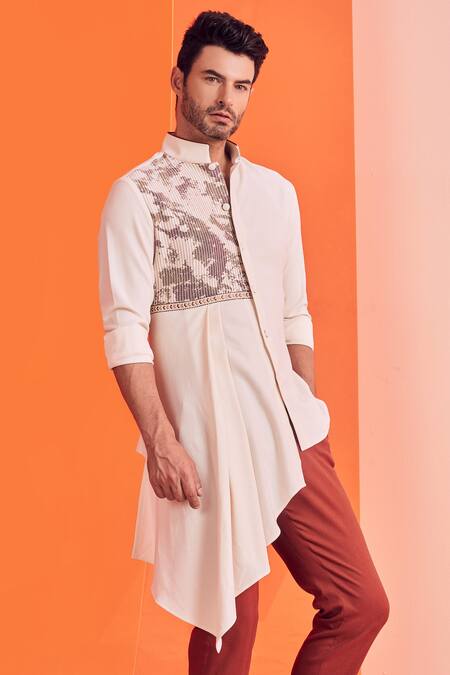 S&N By Shantnu Nikhil_Off White Cotton, Poly Blend Lace Work Textured Draped Kurta_Online_at_Aza_Fashions