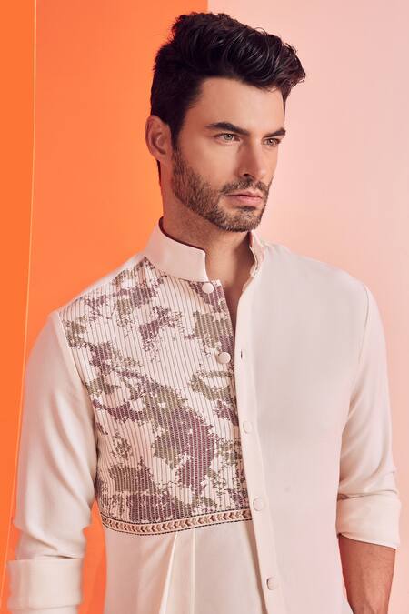 Buy_S&N By Shantnu Nikhil_Off White Cotton, Poly Blend Lace Work Textured Draped Kurta_Online_at_Aza_Fashions