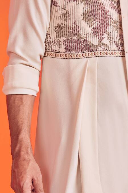 Shop_S&N By Shantnu Nikhil_Off White Cotton, Poly Blend Lace Work Textured Draped Kurta_Online_at_Aza_Fashions