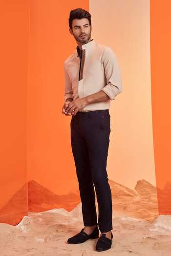 S&N By Shantnu Nikhil_Beige Cotton, Poly Blend Nehru Collar Shirt_Online_at_Aza_Fashions