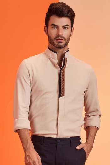 Buy_S&N By Shantnu Nikhil_Beige Cotton, Poly Blend Nehru Collar Shirt_Online_at_Aza_Fashions