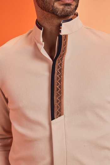 Shop_S&N By Shantnu Nikhil_Beige Cotton, Poly Blend Nehru Collar Shirt_Online_at_Aza_Fashions