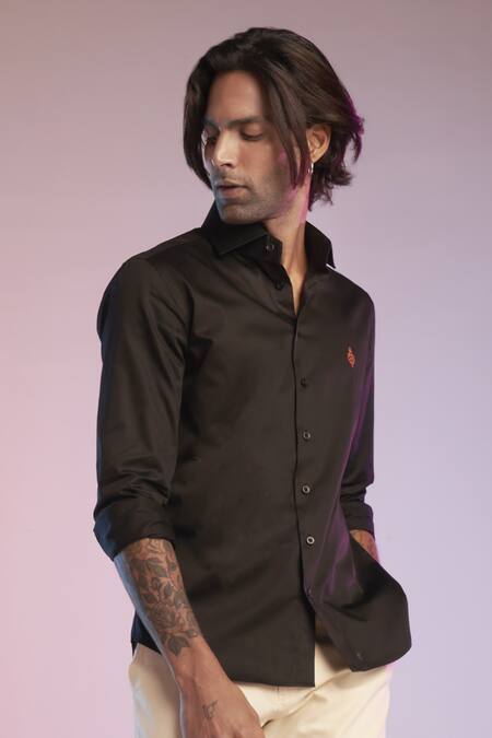 S&N By Shantnu Nikhil_Black Giza Cotton Adamas Motif Shirt_Online_at_Aza_Fashions