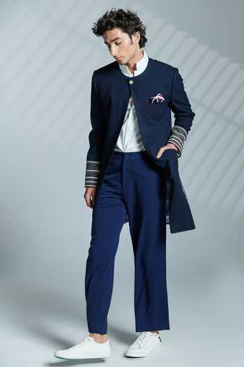 S&N By Shantnu Nikhil_Blue Lycra, Viscose, Poly Blend, Faux Leather Carved Button Open Sherwani_Online_at_Aza_Fashions